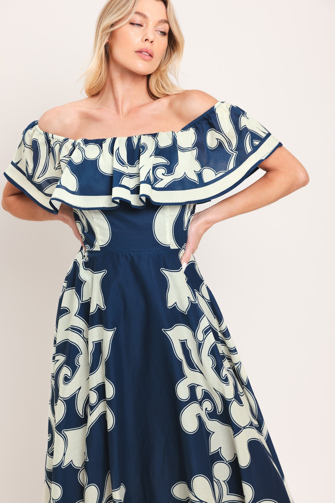 BLUE MAJOLICA OFF SHOULDER FLOUNCE MIDI DRESS