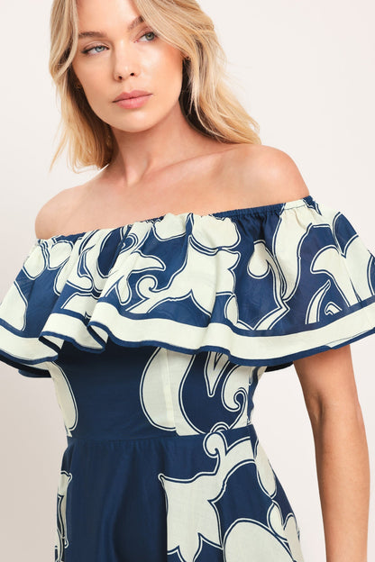 BLUE MAJOLICA OFF SHOULDER FLOUNCE MIDI DRESS