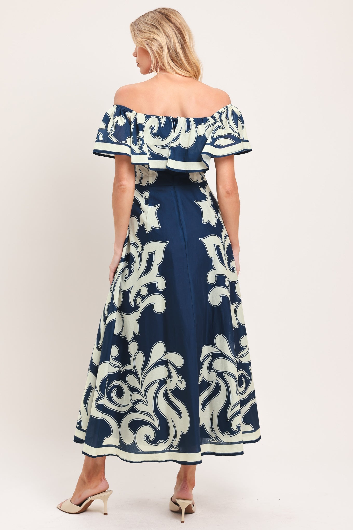 BLUE MAJOLICA OFF SHOULDER FLOUNCE MIDI DRESS