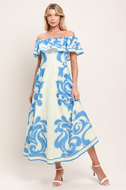 BLUE MAJOLICA OFF SHOULDER FLOUNCE MIDI DRESS