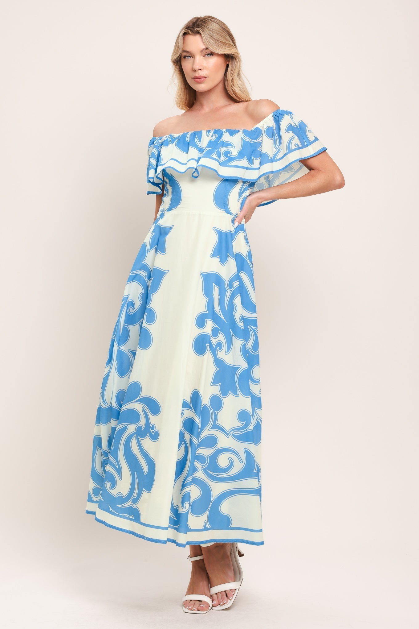 BLUE MAJOLICA OFF SHOULDER FLOUNCE MIDI DRESS