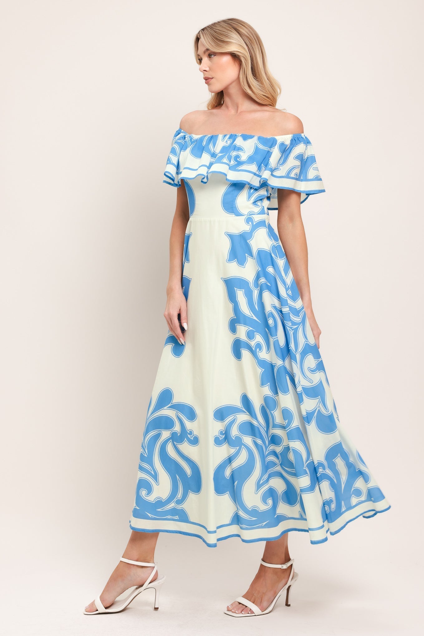 BLUE MAJOLICA OFF SHOULDER FLOUNCE MIDI DRESS