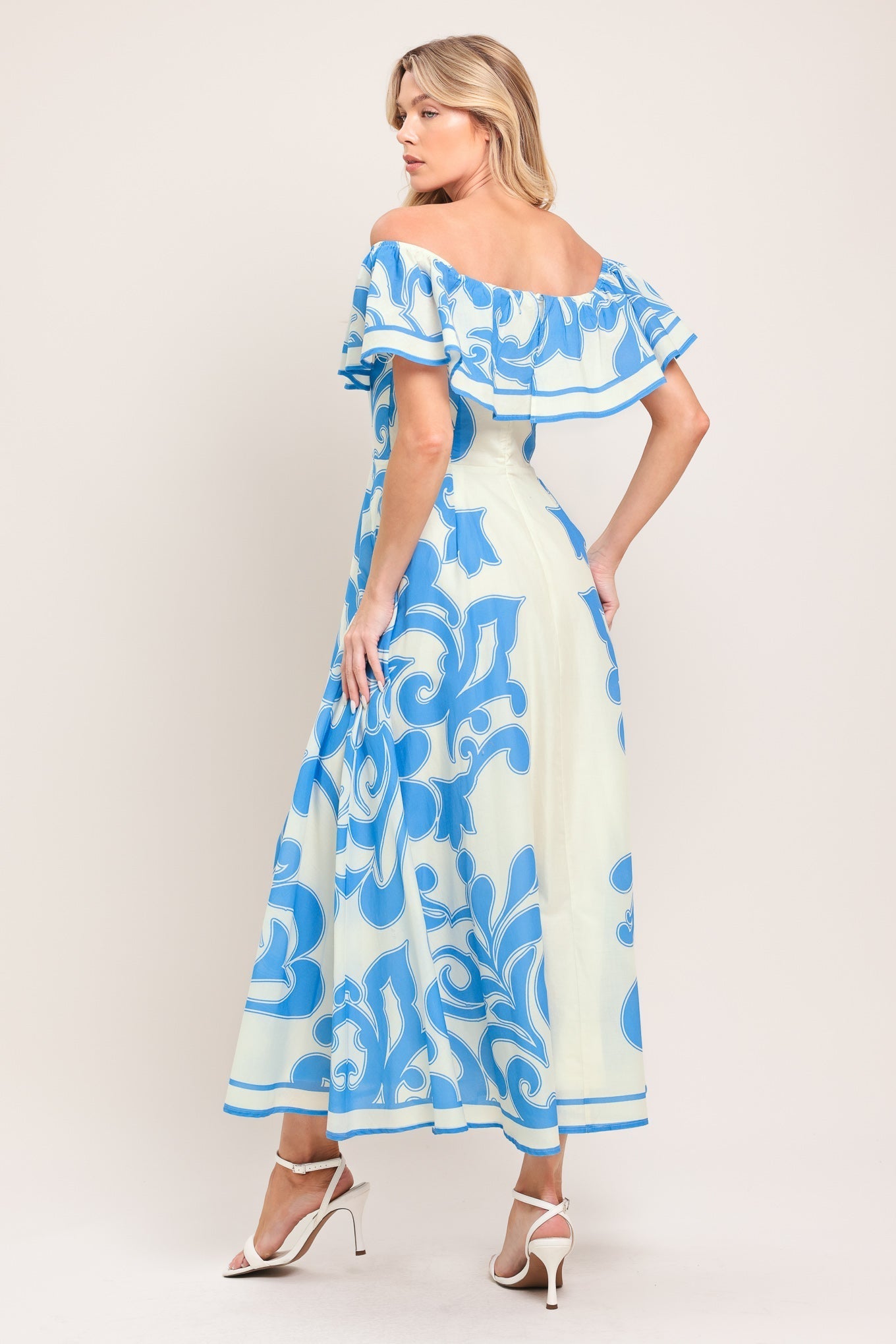BLUE MAJOLICA OFF SHOULDER FLOUNCE MIDI DRESS