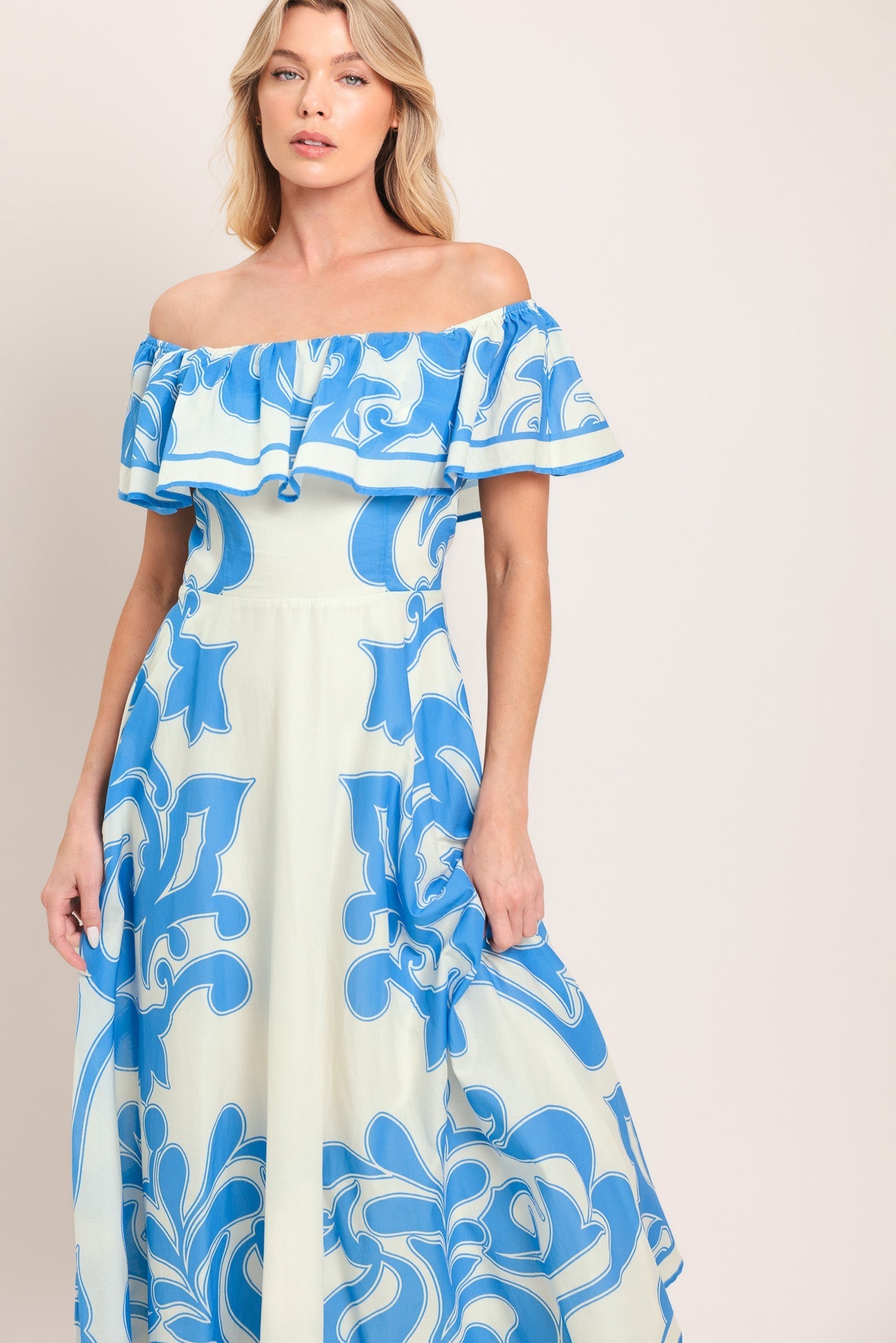 BLUE MAJOLICA OFF SHOULDER FLOUNCE MIDI DRESS