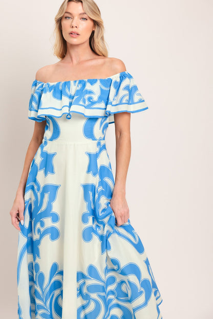 BLUE MAJOLICA OFF SHOULDER FLOUNCE MIDI DRESS