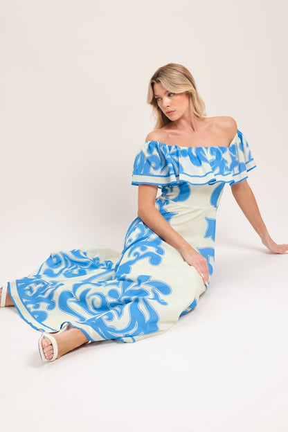 BLUE MAJOLICA OFF SHOULDER FLOUNCE MIDI DRESS