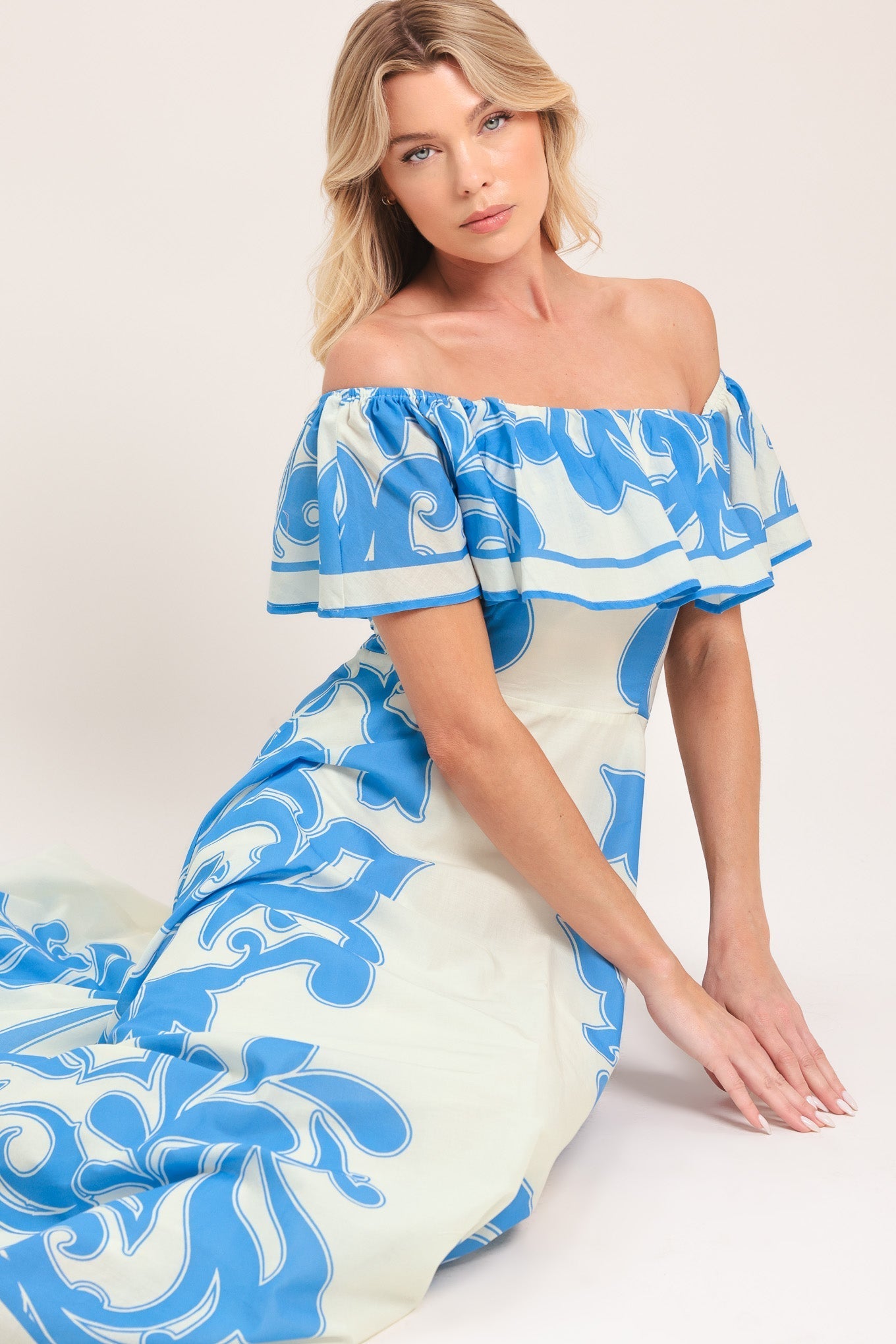 BLUE MAJOLICA OFF SHOULDER FLOUNCE MIDI DRESS