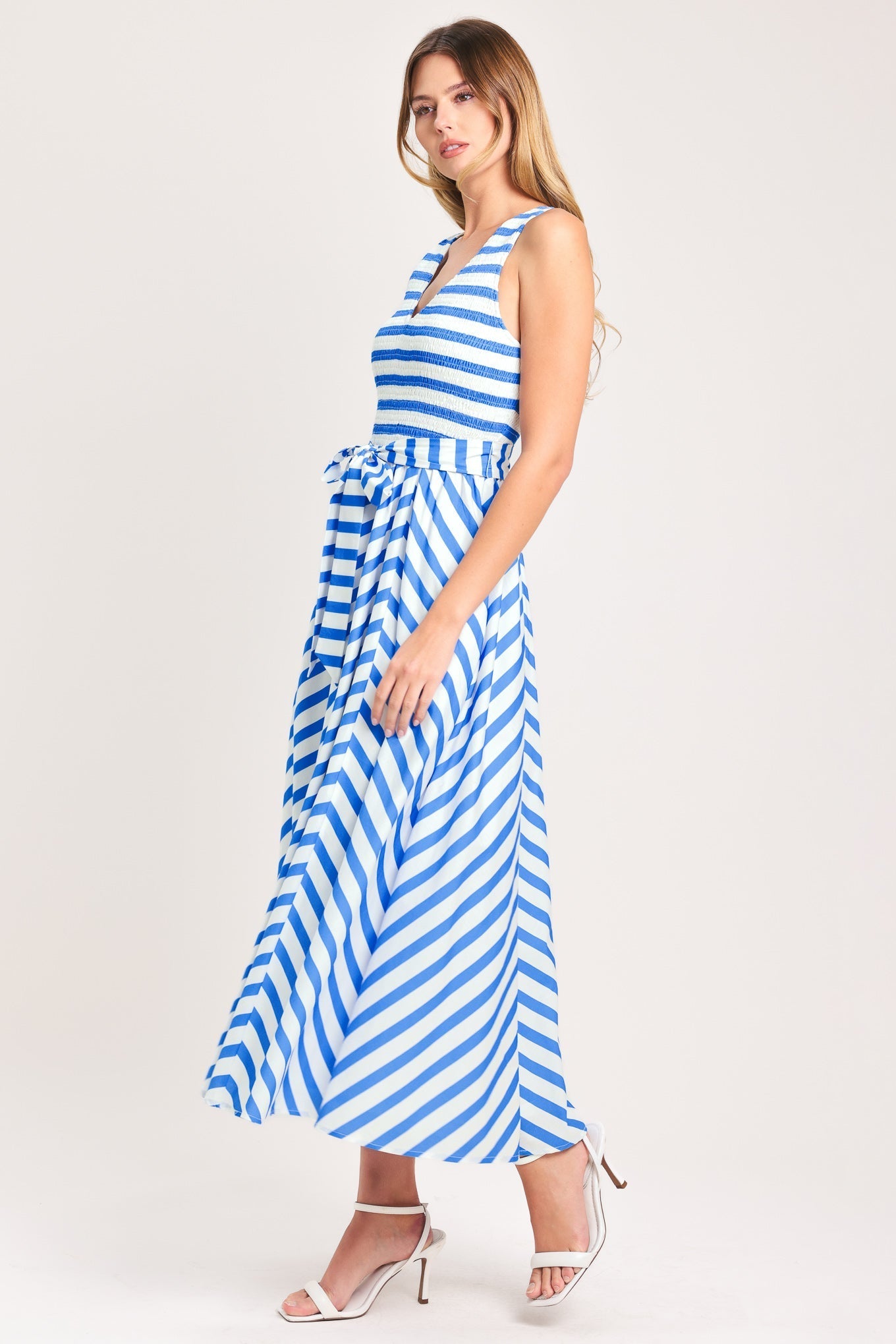 BLUE SERENA STRIPED MIDI DRESS