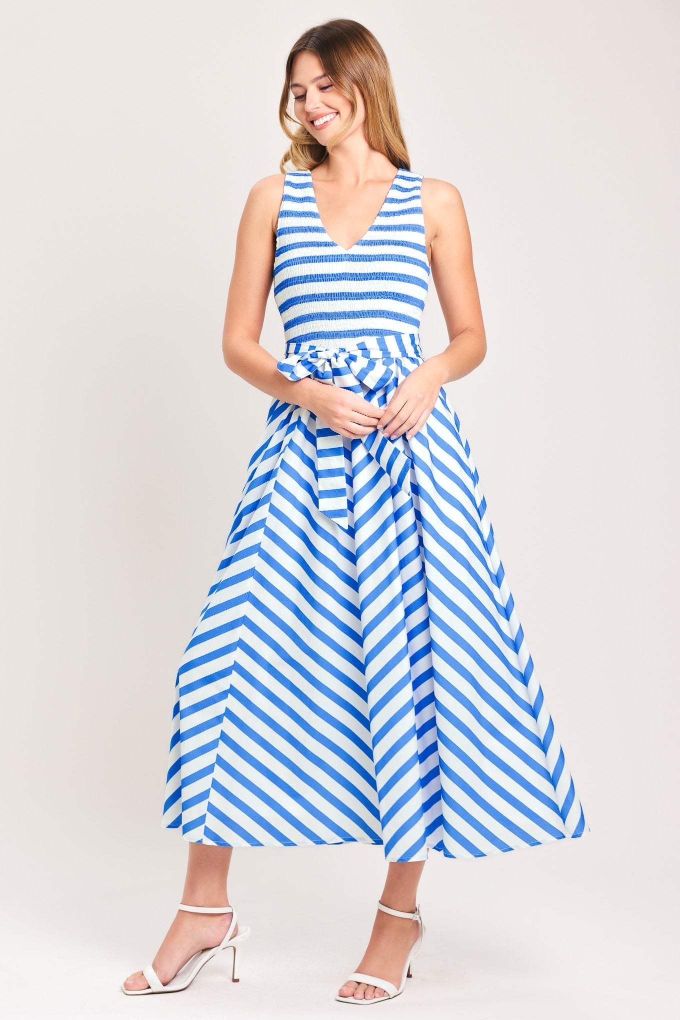 BLUE SERENA STRIPED MIDI DRESS