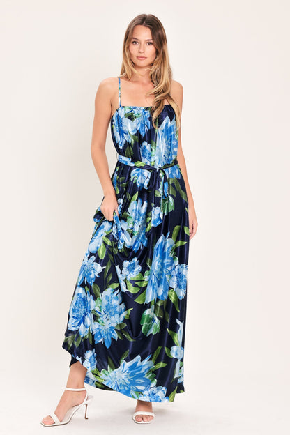 ELEGANT NAVY & BLUE BLOSSOM MAXI DRESS