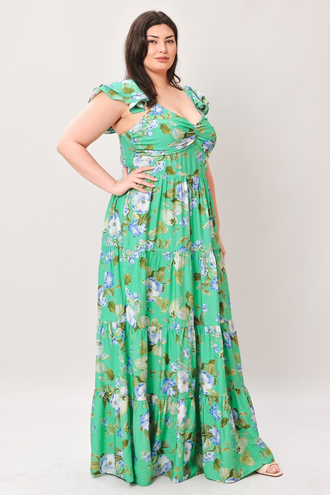 FRESH BLOSSOM GREEN FLORAL MAXI DRESS