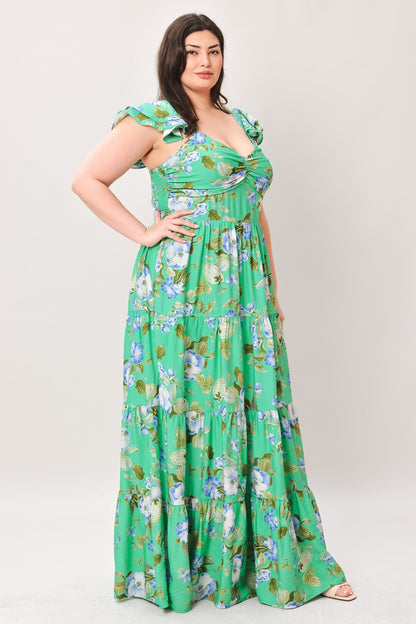 FRESH BLOSSOM GREEN FLORAL MAXI DRESS
