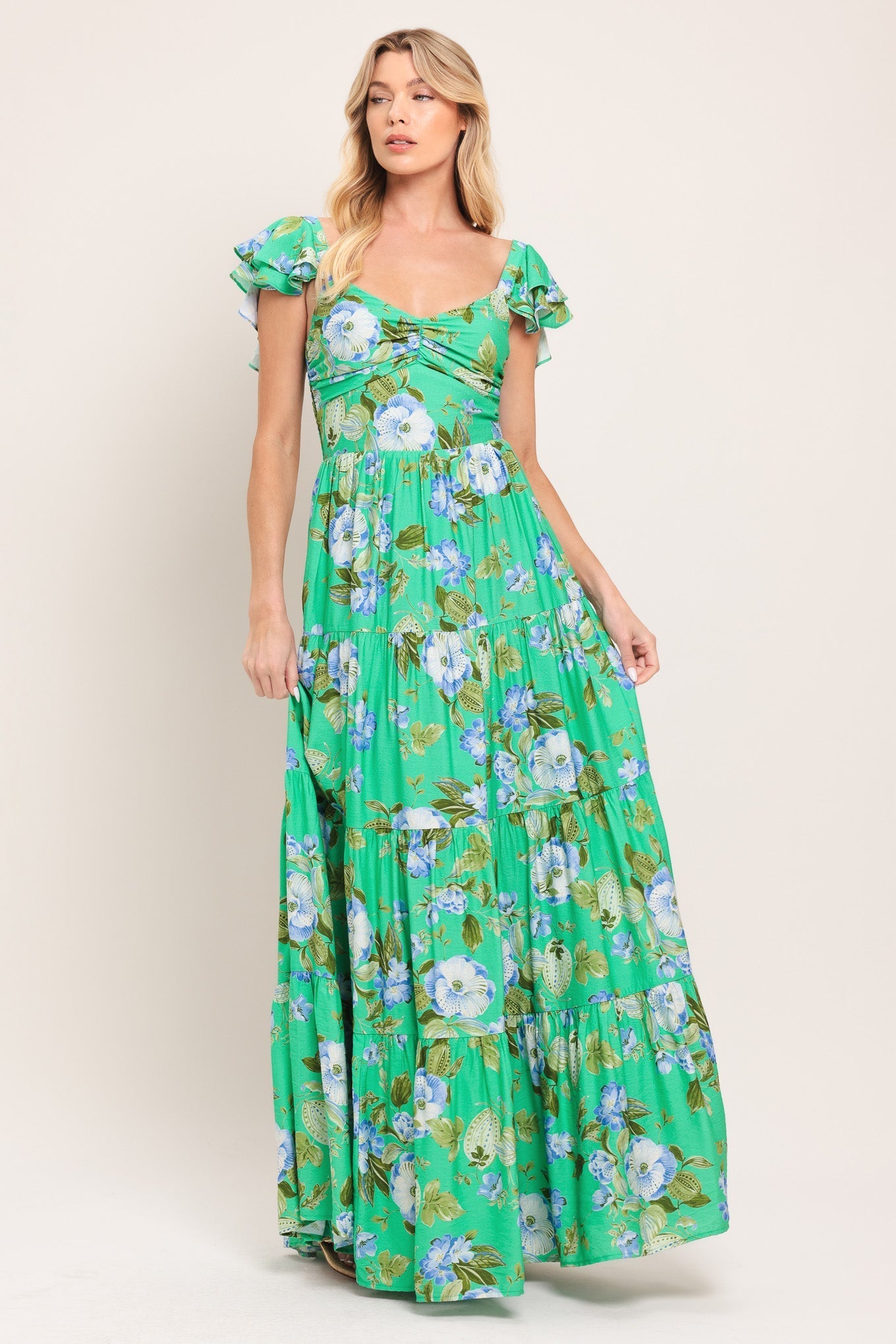 FRESH BLOSSOM GREEN FLORAL MAXI DRESS