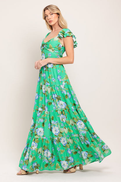 FRESH BLOSSOM GREEN FLORAL MAXI DRESS