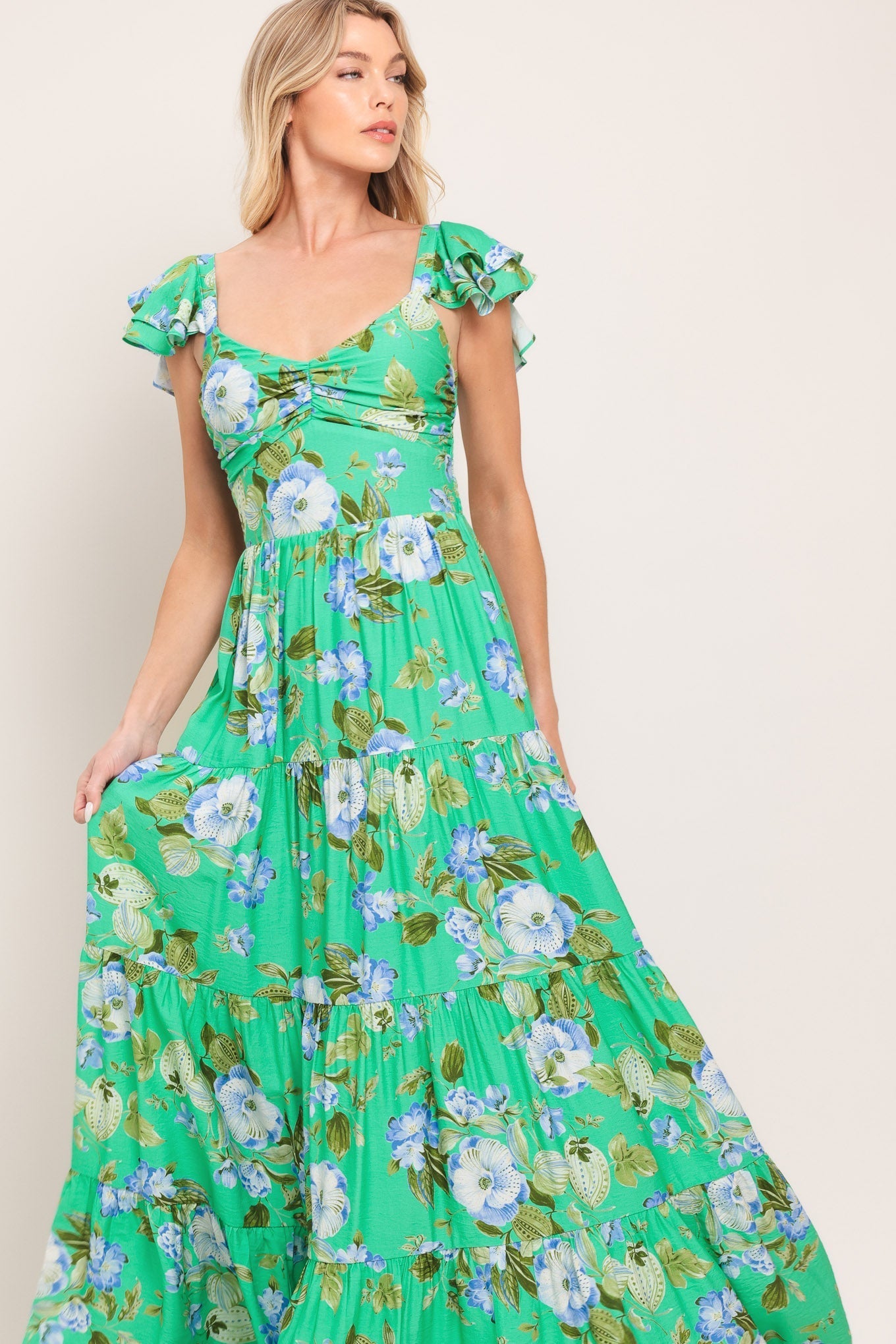 FRESH BLOSSOM GREEN FLORAL MAXI DRESS
