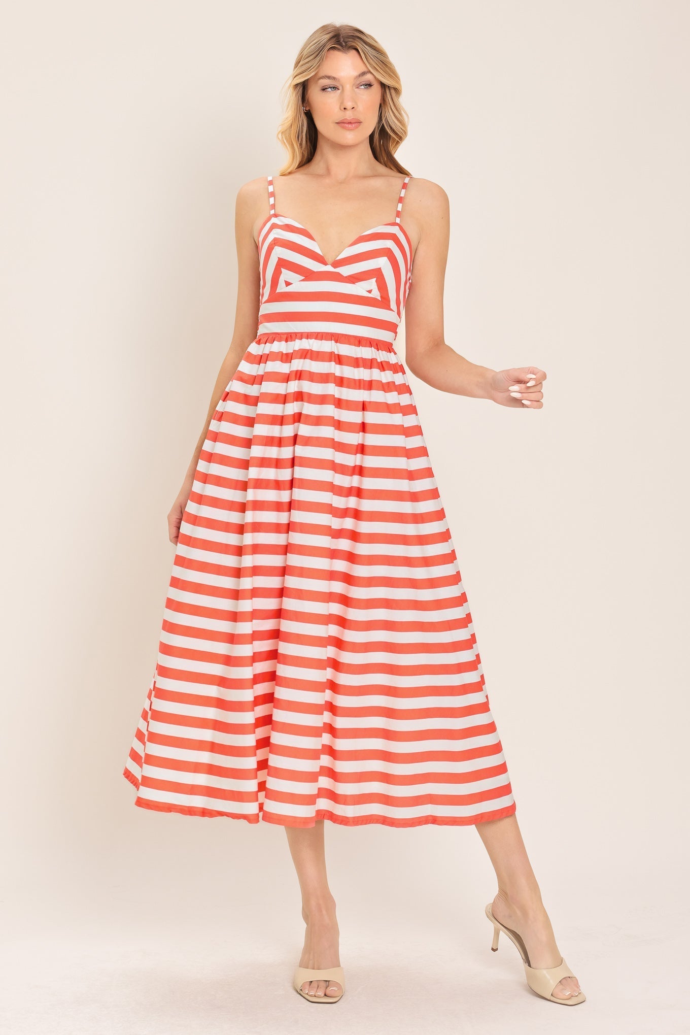 BOARDWALK STRIPE CORAL & WHITE MIDI DRESS