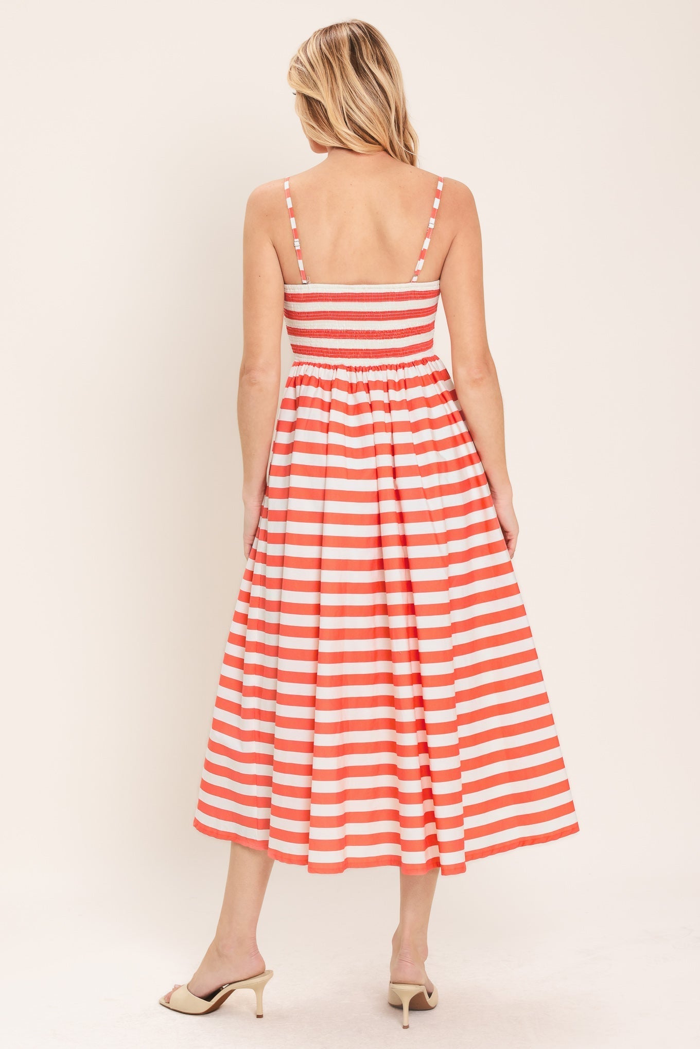 BOARDWALK STRIPE CORAL & WHITE MIDI DRESS