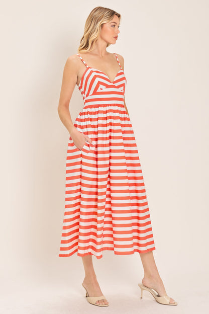 BOARDWALK STRIPE CORAL & WHITE MIDI DRESS