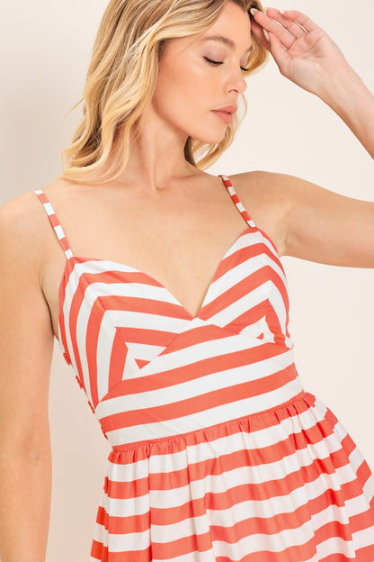 BOARDWALK STRIPE CORAL & WHITE MIDI DRESS