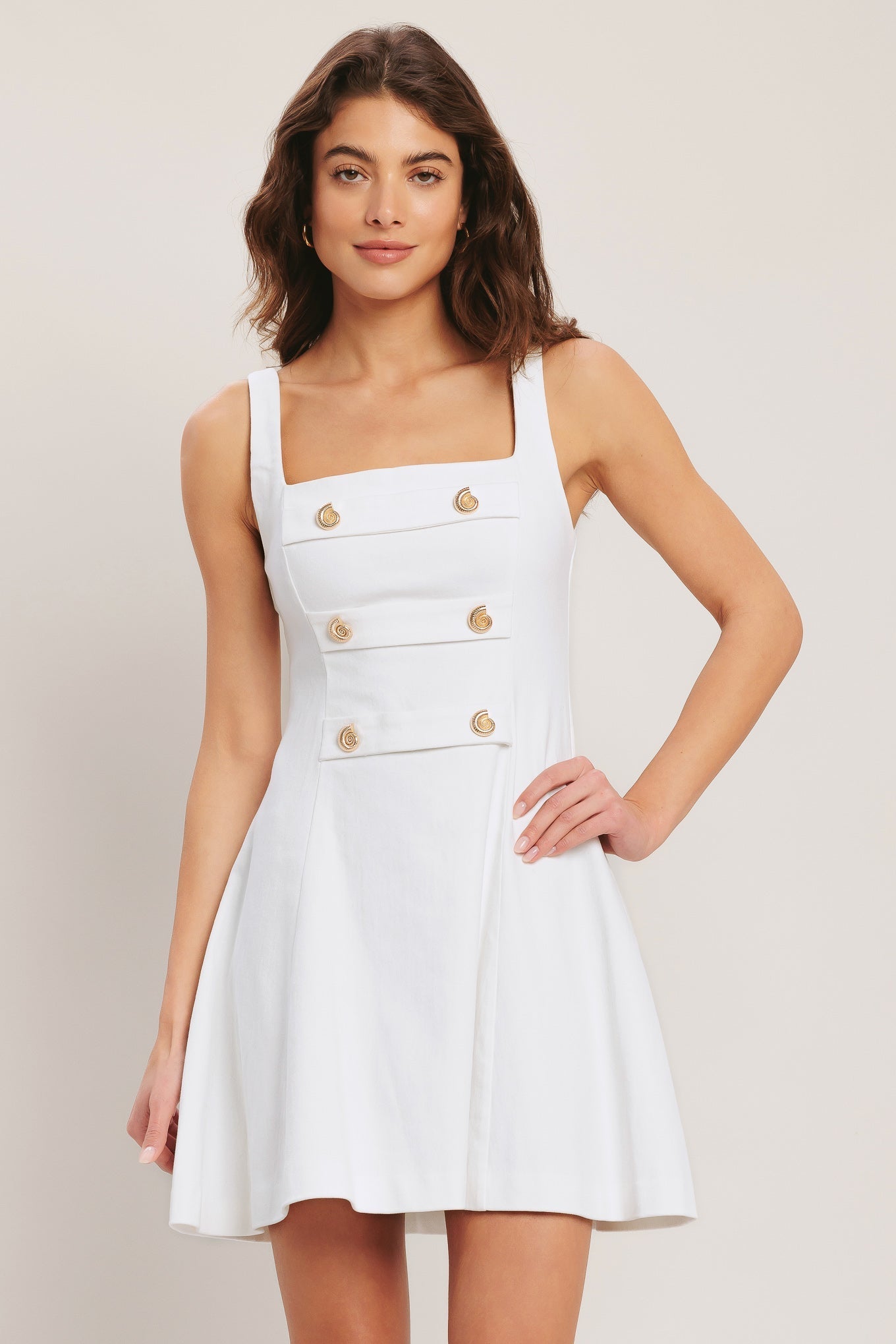 COASTAL CHIC FLARED WHITE DENIM MINI DRESS