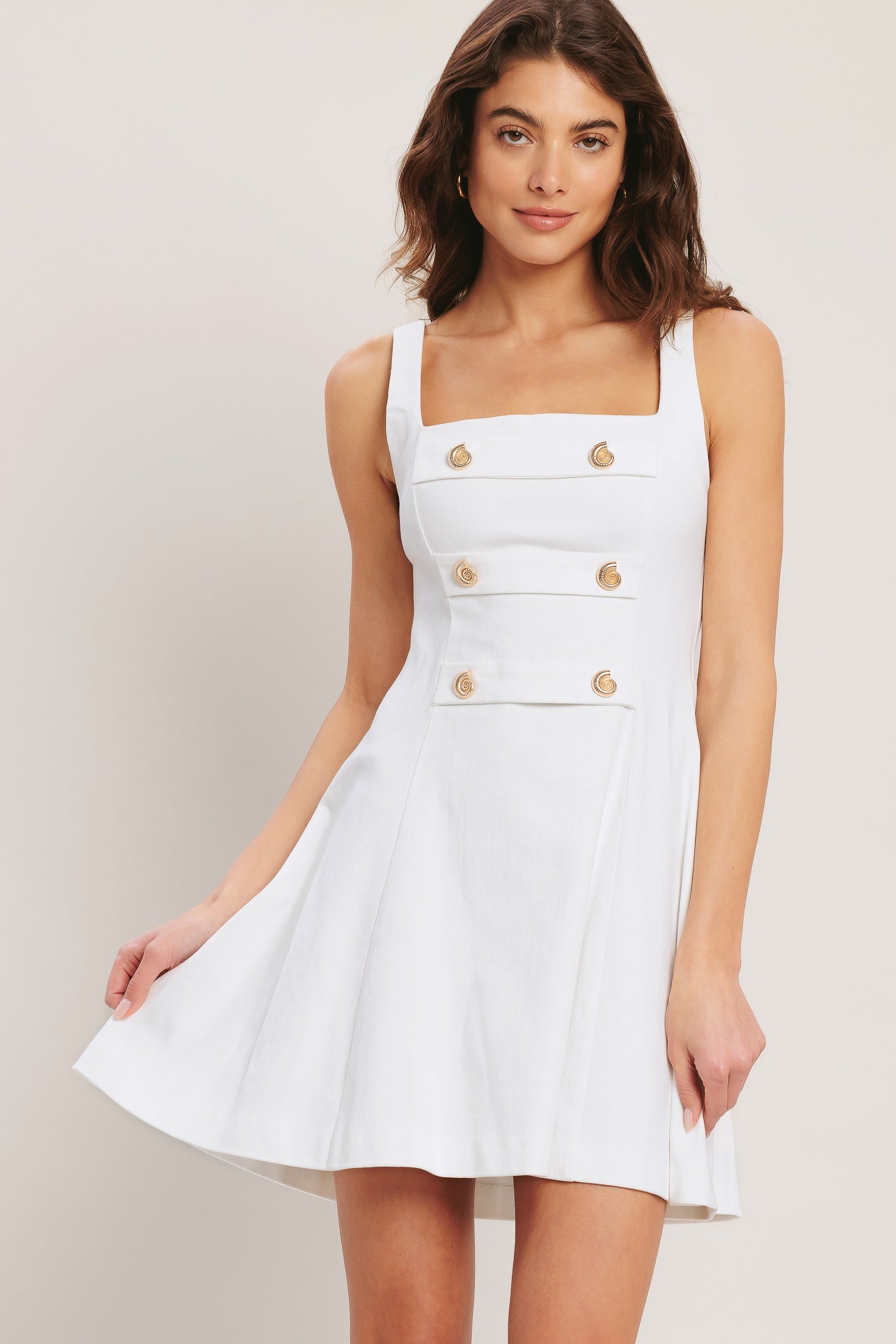 COASTAL CHIC FLARED WHITE DENIM MINI DRESS