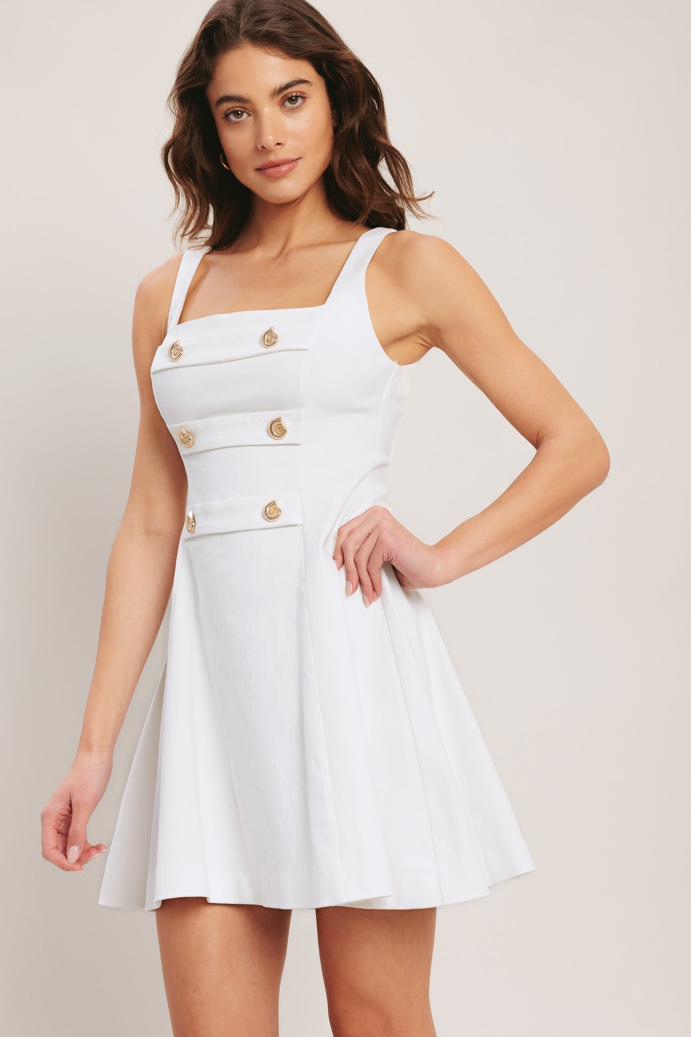 COASTAL CHIC FLARED WHITE DENIM MINI DRESS