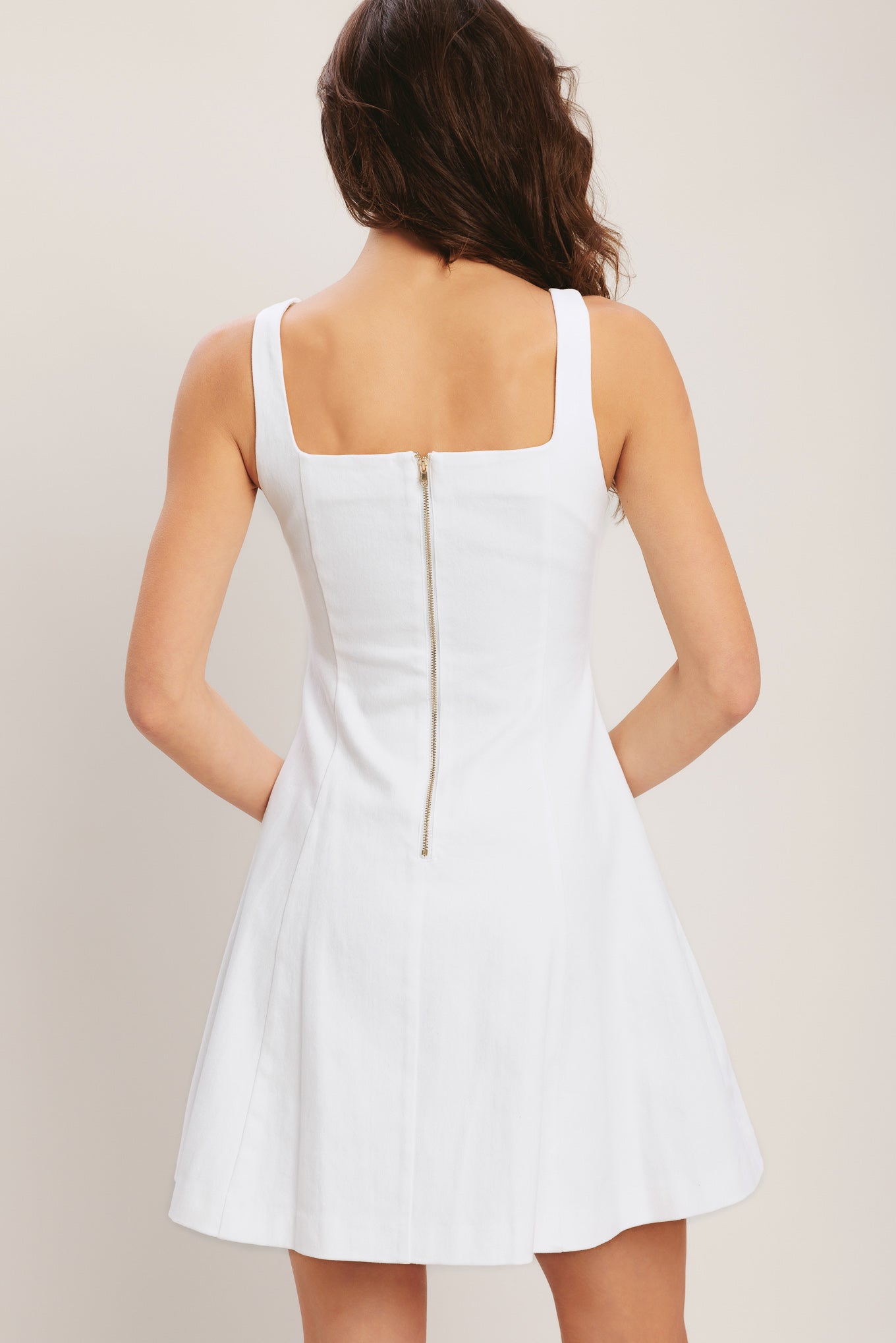 COASTAL CHIC FLARED WHITE DENIM MINI DRESS