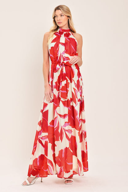 FIJI FLOWER HALTER RED MAXI DRESS