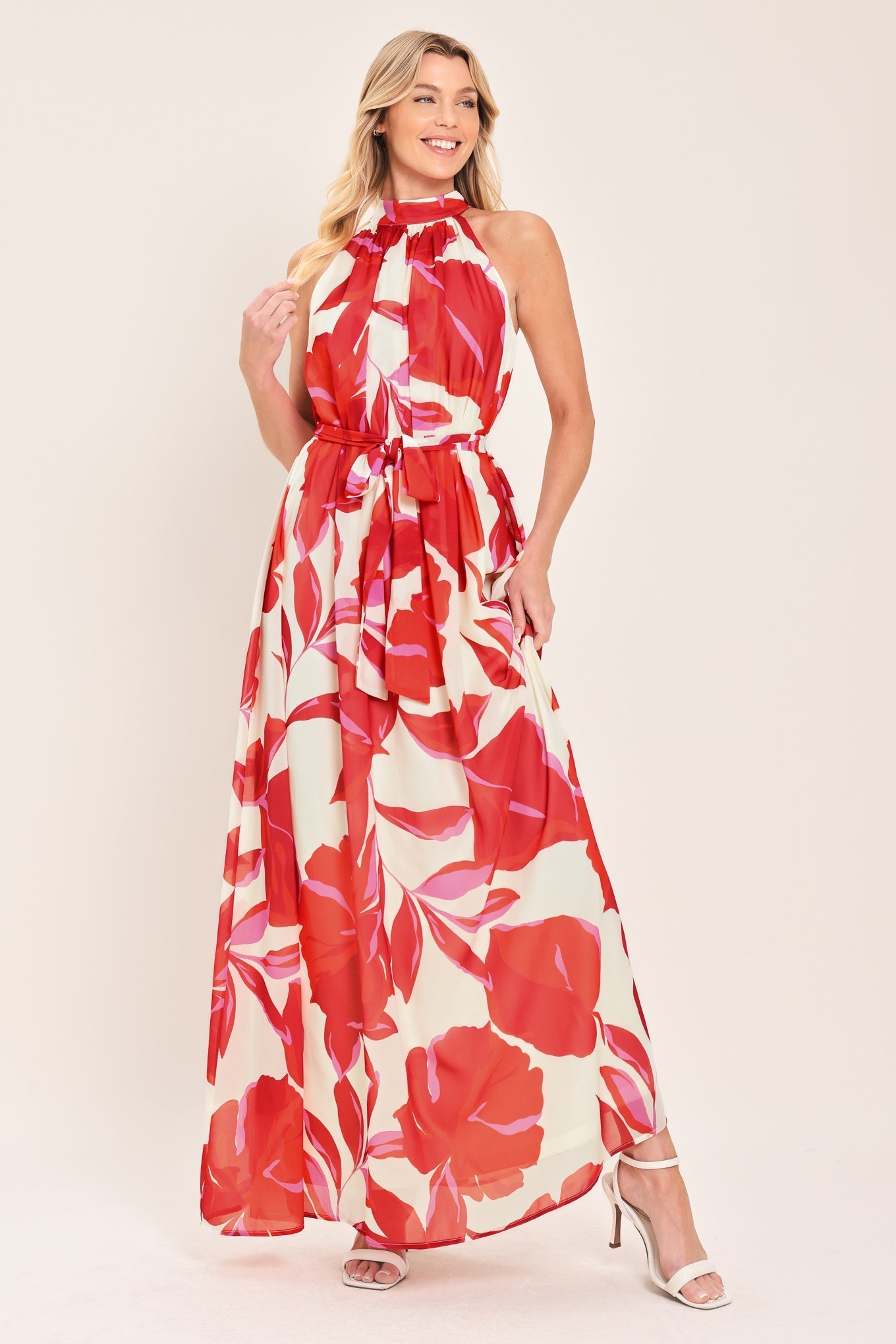 FIJI FLOWER HALTER RED MAXI DRESS