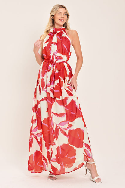 FIJI FLOWER HALTER RED MAXI DRESS