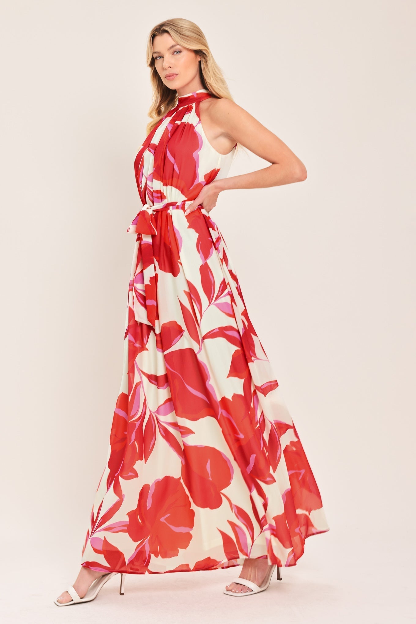FIJI FLOWER HALTER RED MAXI DRESS