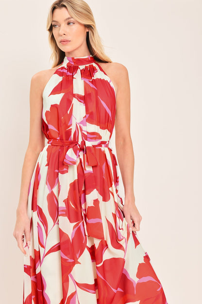 FIJI FLOWER HALTER RED MAXI DRESS