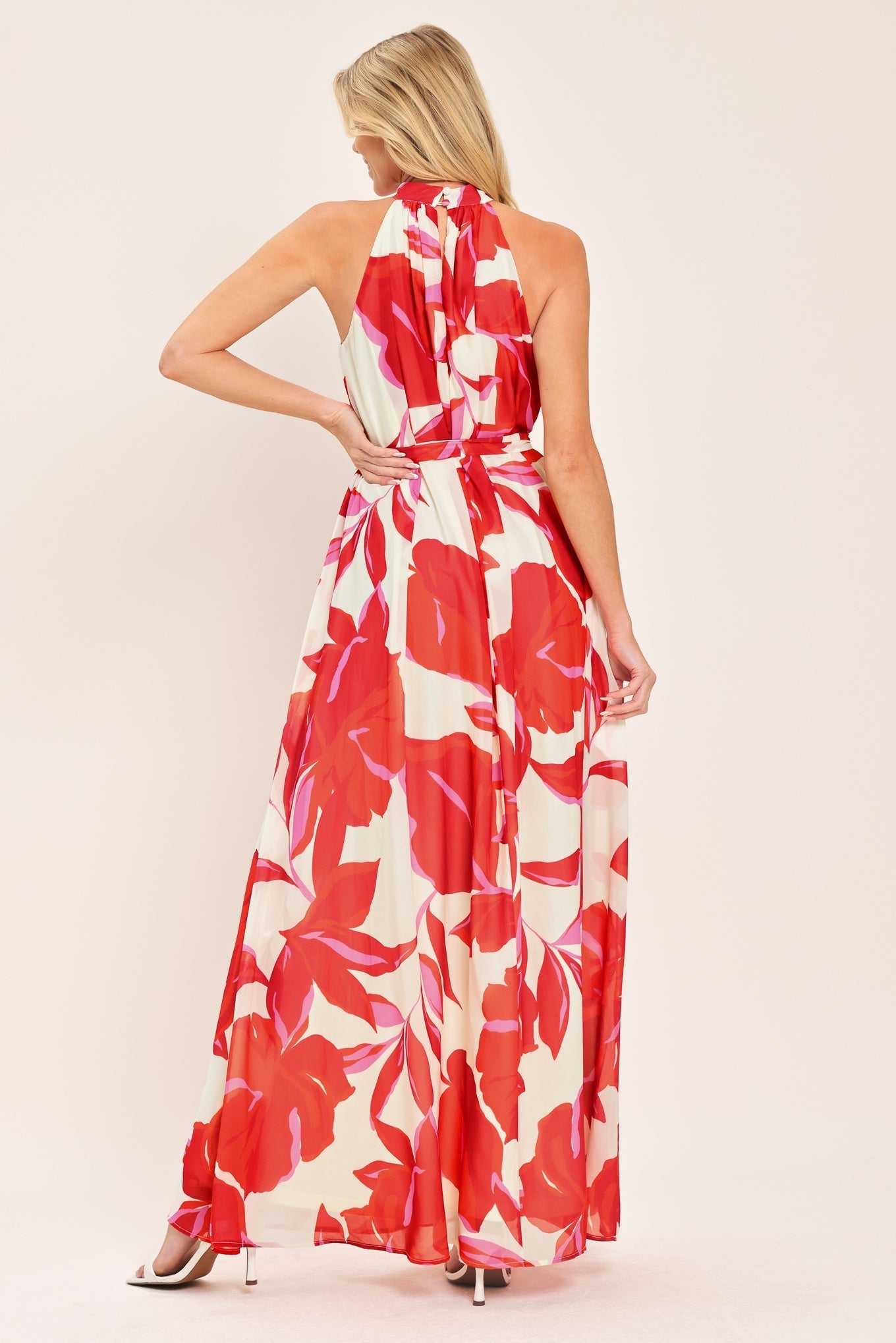 FIJI FLOWER HALTER RED MAXI DRESS