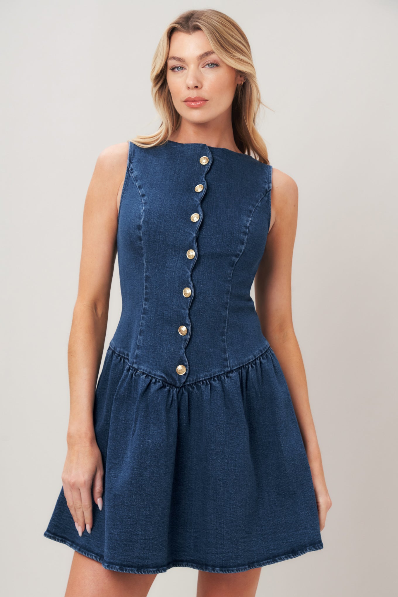 BRUNCH DATE BUTTON FRONT DENIM MINI DRESS