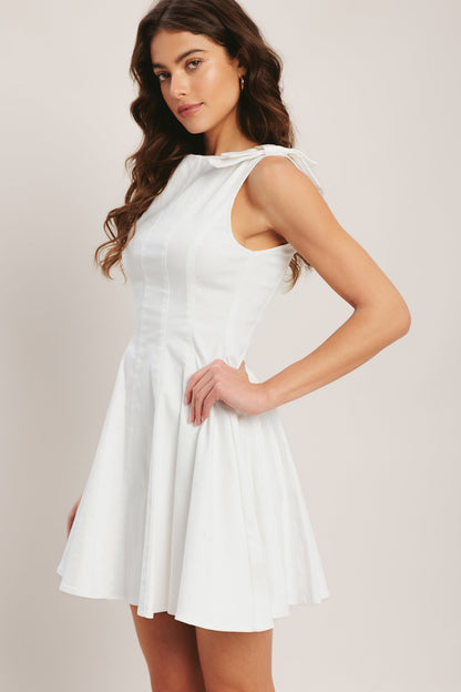 ELEGANT MOMENT BOW DETAIL WHITE DENIM MINI DRESS