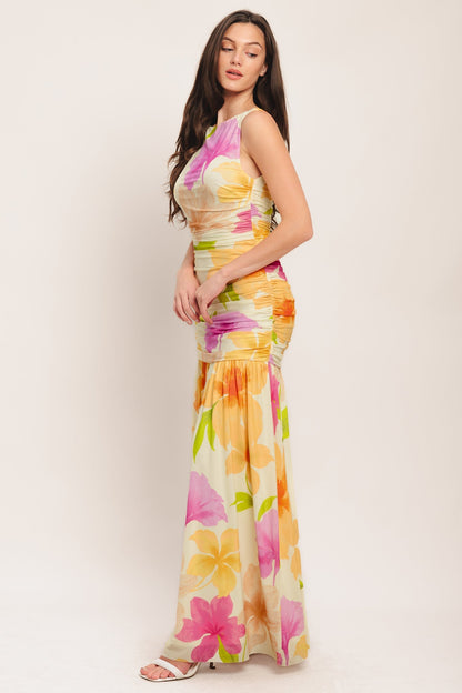 WARM BREEZE BLOOMS POWER MESH MAXI DRESS