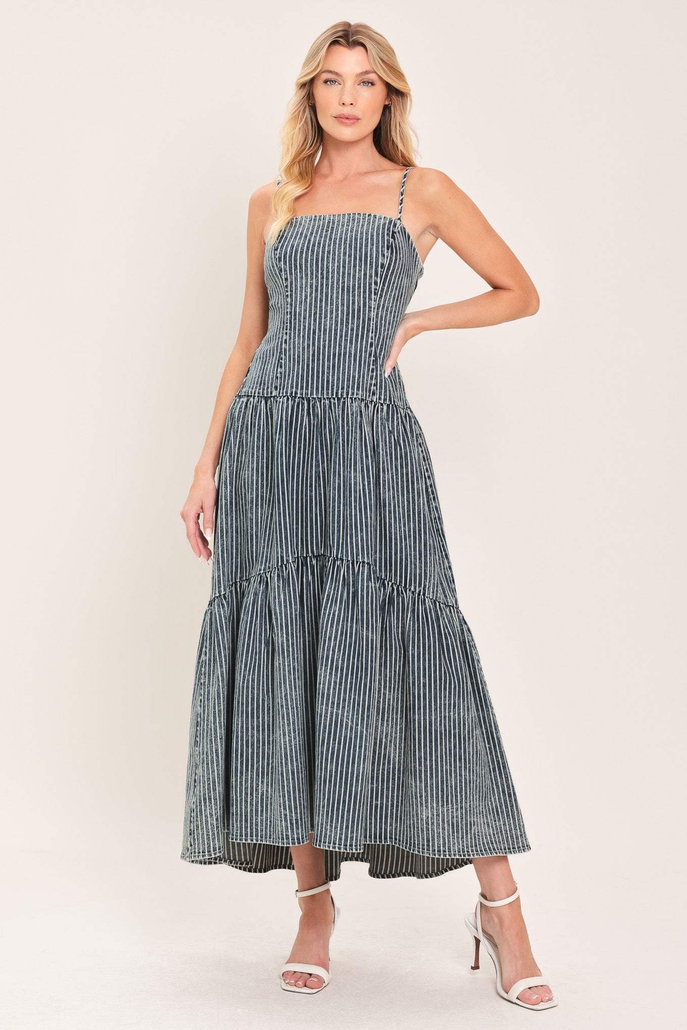 EASYGOING CHARM STRIPED DENIM MIDI DRESS