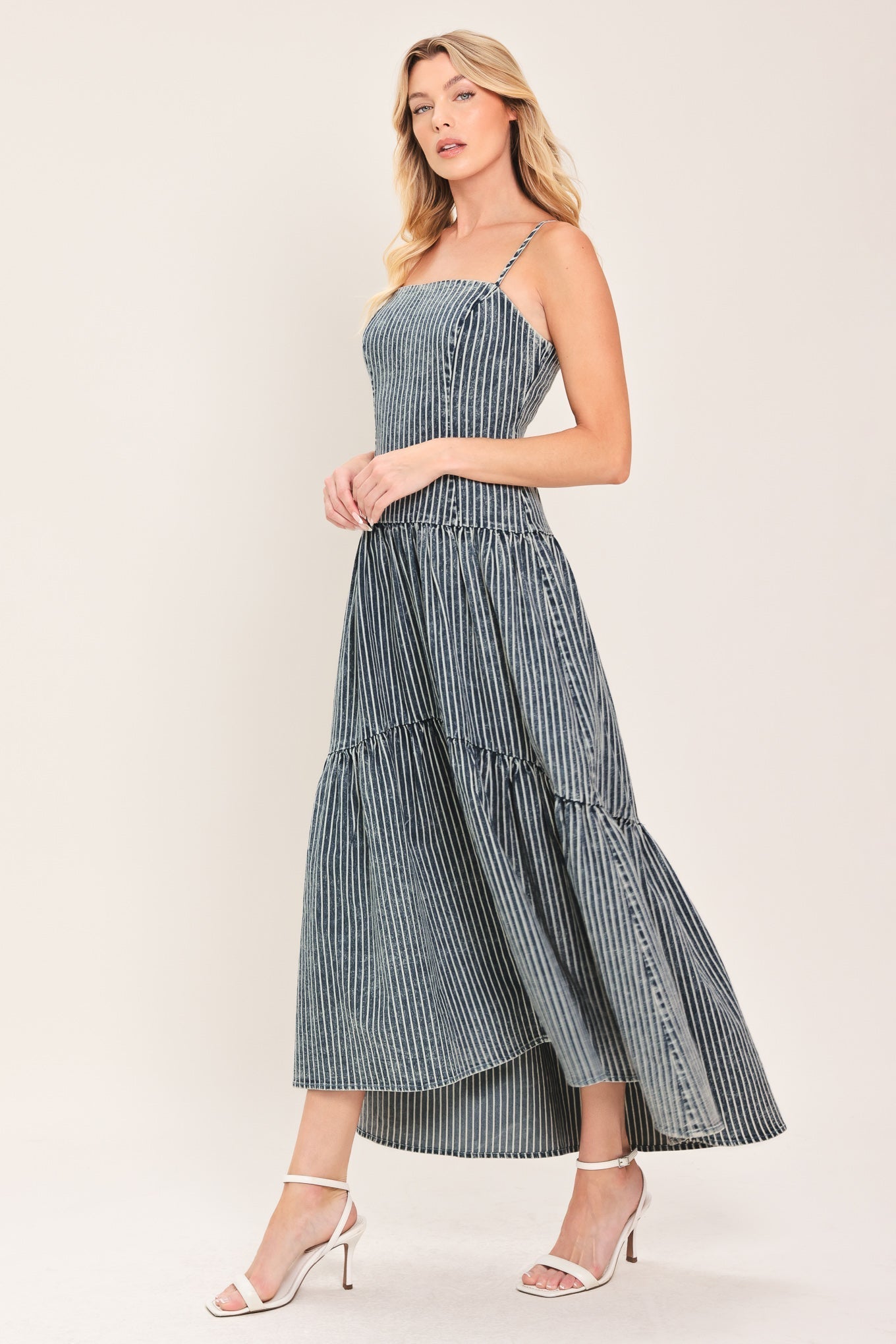 EASYGOING CHARM STRIPED DENIM MIDI DRESS