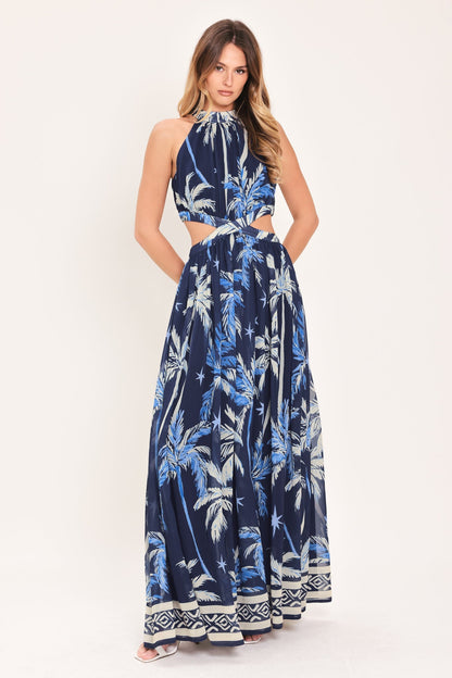 Tropical Palm Print Halter Maxi Dress