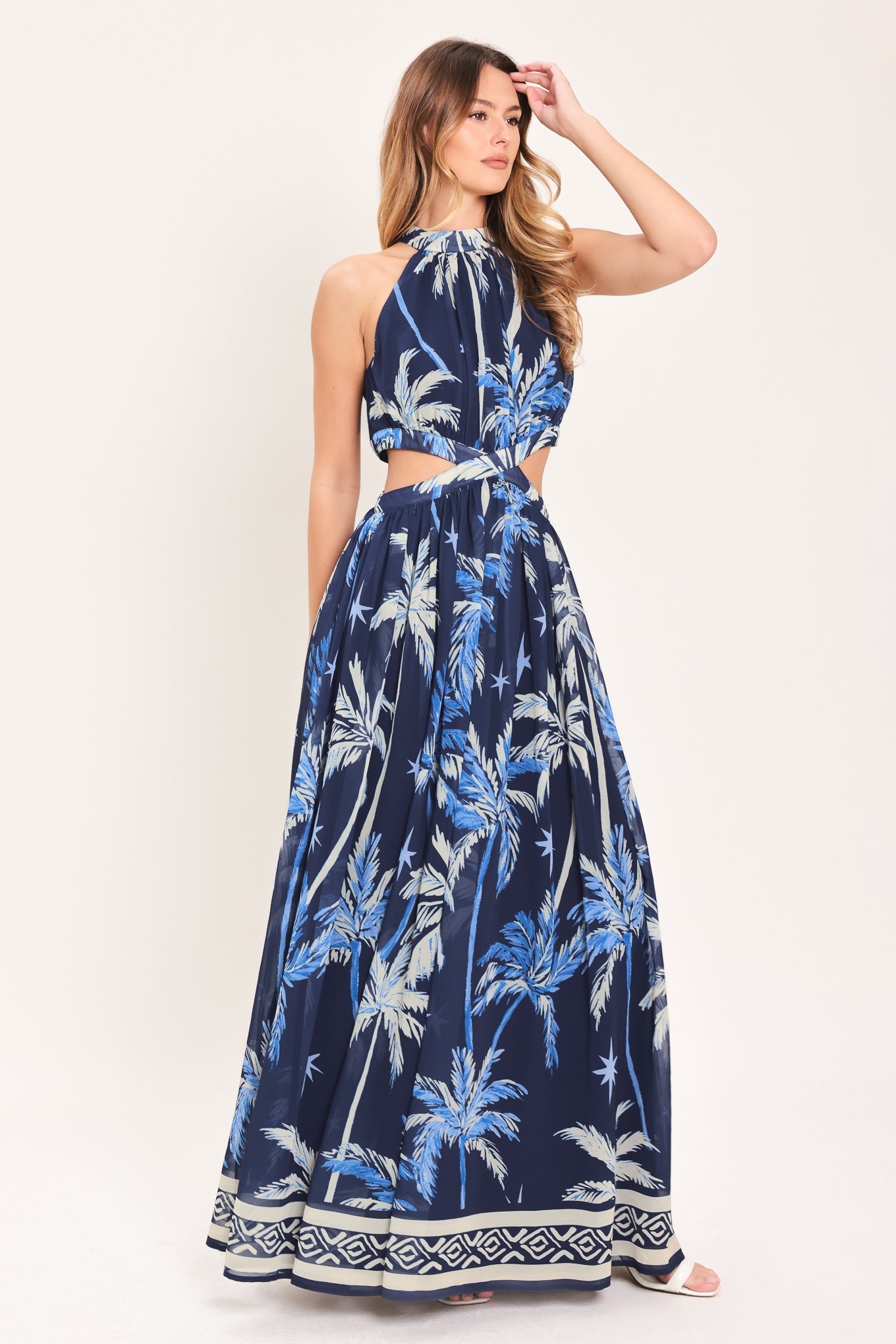 Tropical Palm Print Halter Maxi Dress