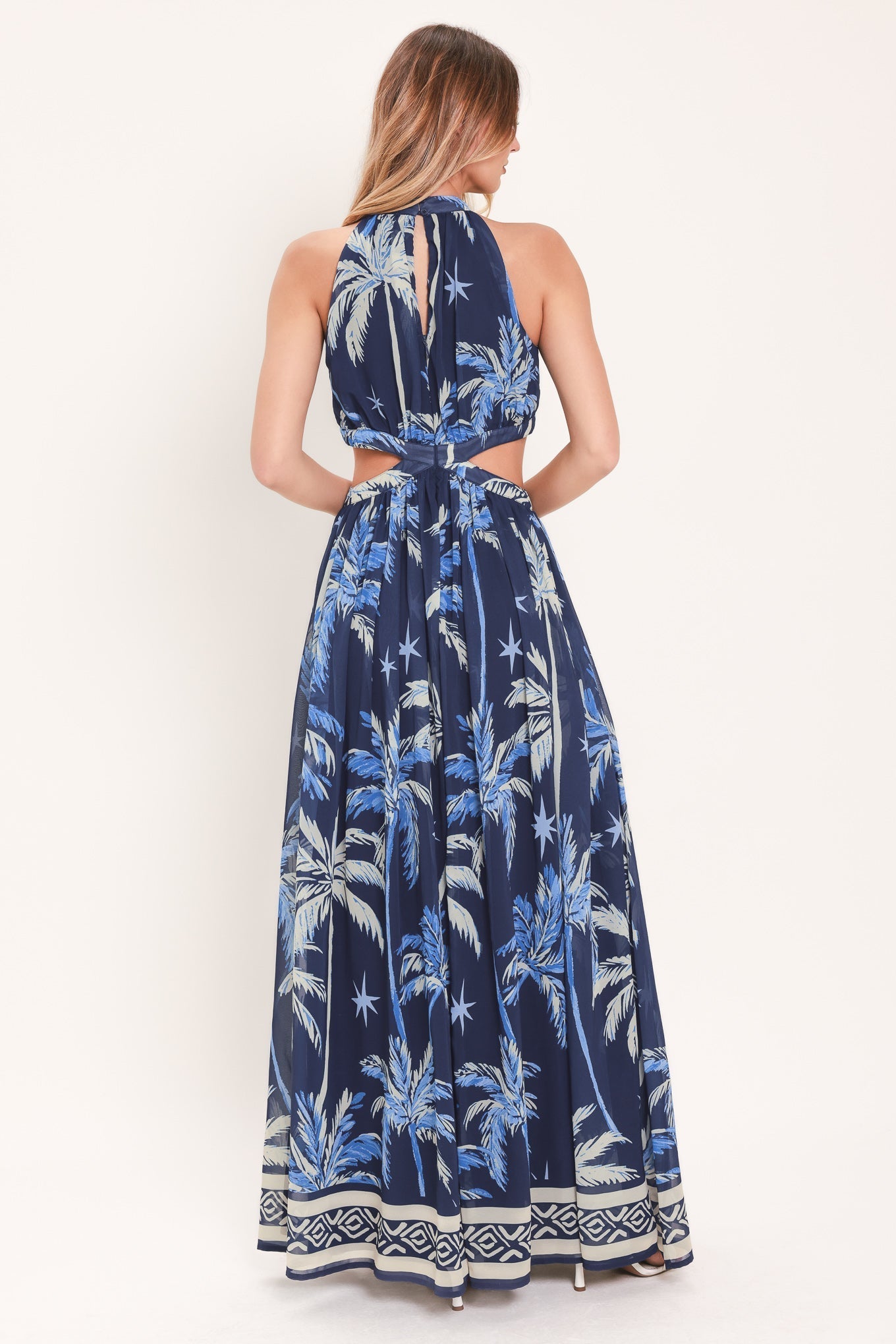 Tropical Palm Print Halter Maxi Dress