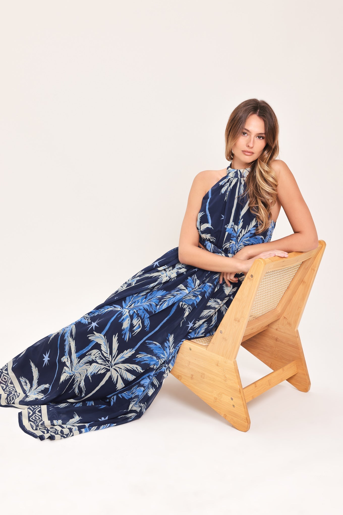 Tropical Palm Print Halter Maxi Dress