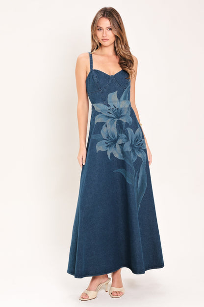 LILY BLOOM PRINTED DENIM MAXI DRESS