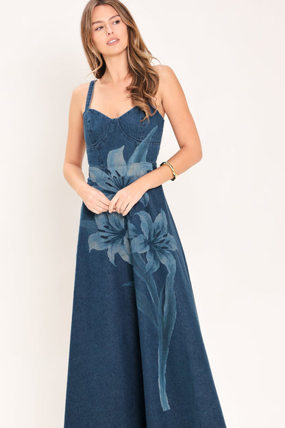 LILY BLOOM PRINTED DENIM MAXI DRESS