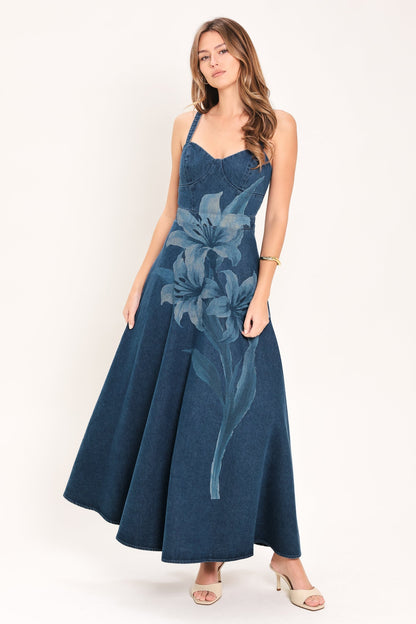 LILY BLOOM PRINTED DENIM MAXI DRESS