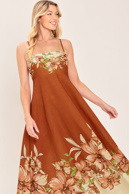 AUTUMN HARVEST PETALS TERRACOTTA FLORAL MIDI DRESS