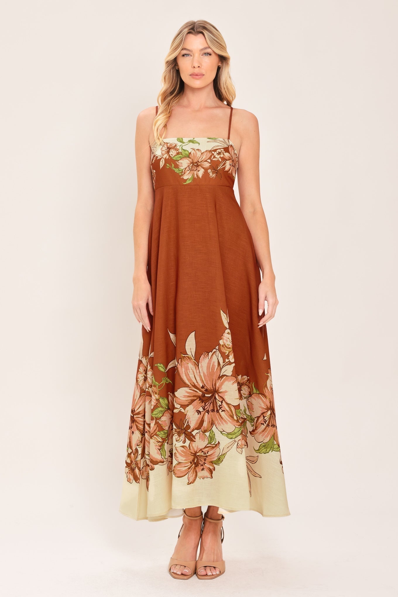 AUTUMN HARVEST PETALS TERRACOTTA FLORAL MIDI DRESS
