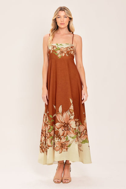 AUTUMN HARVEST PETALS TERRACOTTA FLORAL MIDI DRESS