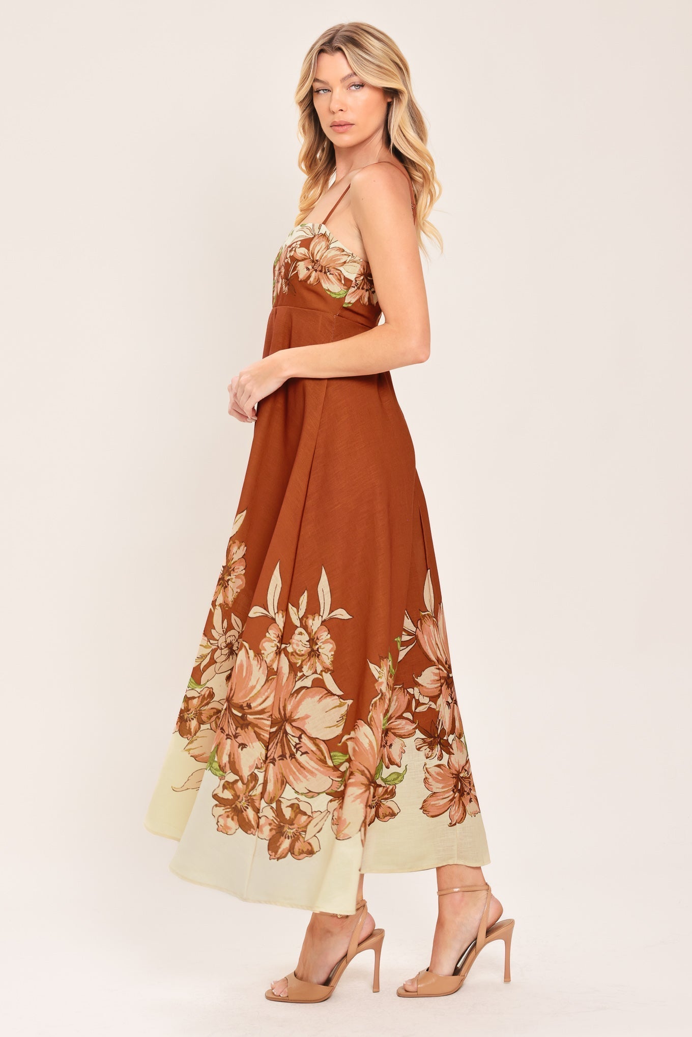 AUTUMN HARVEST PETALS TERRACOTTA FLORAL MIDI DRESS