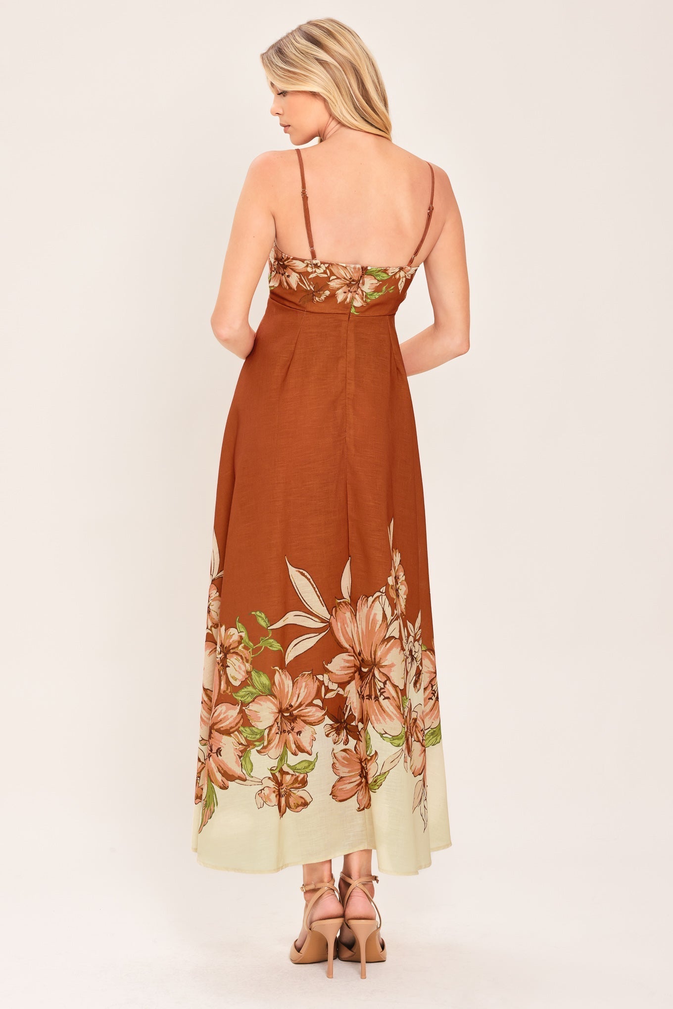 AUTUMN HARVEST PETALS TERRACOTTA FLORAL MIDI DRESS